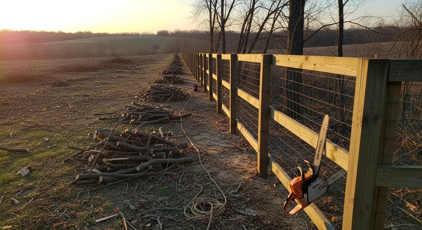 A cleared fence line on a Warren County, KY residential property, with cut brush removed and a wood fence fully visible from post to post. A Shipley Tree Service crew member stacks debris near a trailer in the background.