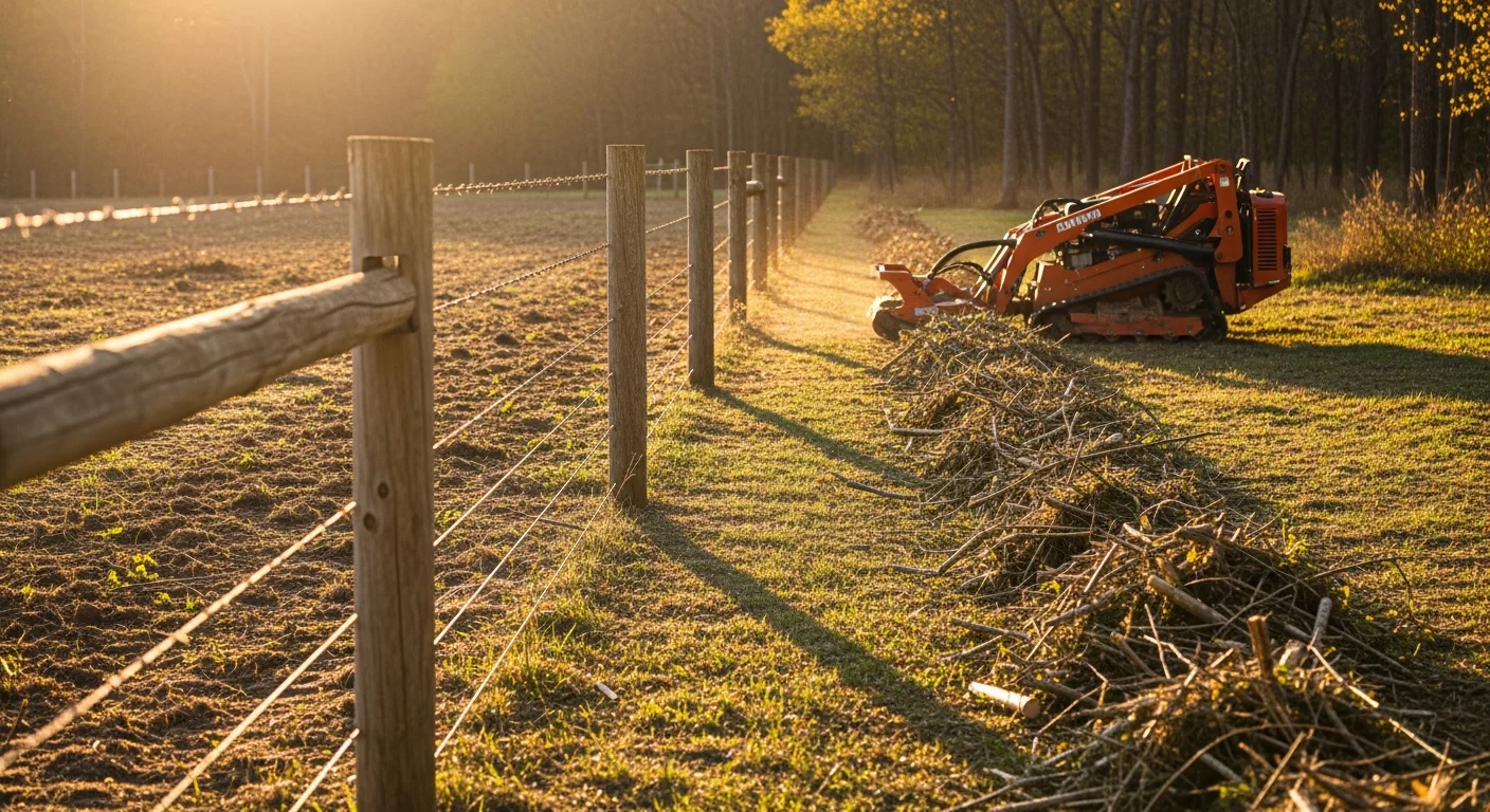 A cleared fence line on a rural Warren County, Kentucky property showing exposed fence posts and a clean vegetation-free corridor after brush and tree removal. The surrounding pasture and tree line remain intact beyond the cleared boundary.