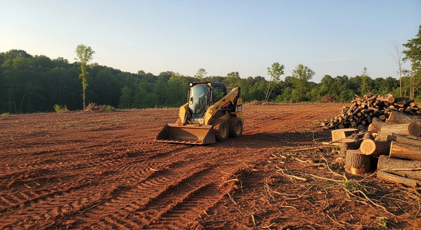 A freshly cleared residential lot in Bowling Green, Kentucky with trees, stumps, and brush fully removed, leaving open ground ready for development. Warren County mixed hardwood debris has been cleaned from the site, showing bare soil and defined lot boundaries.