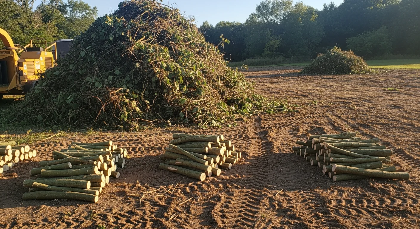 A Warren County, KY residential lot cleared of dense brush, vines, and overgrown vegetation by Shipley Tree Service. The property shows open, accessible ground with debris removed and the tree line set back from the cleared area.