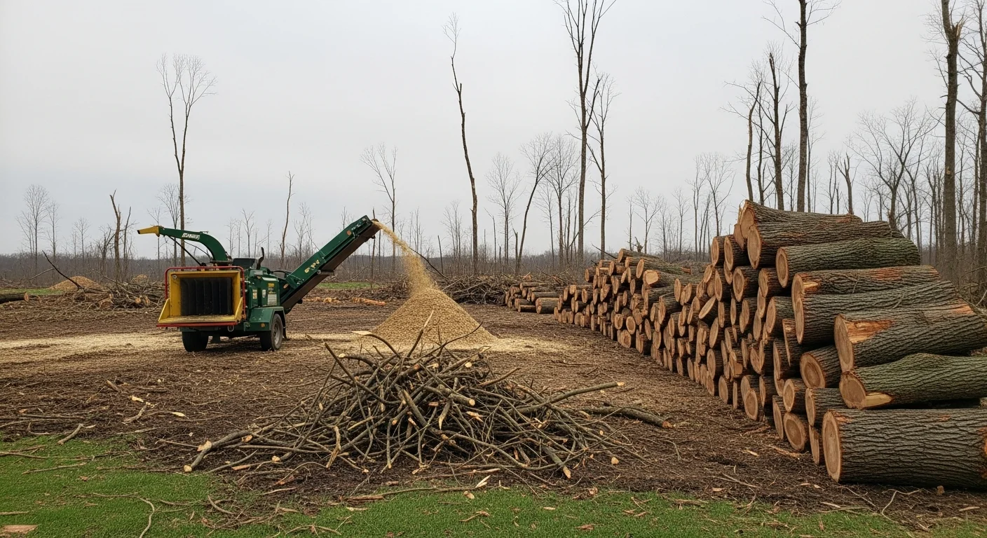 A Warren County, KY residential yard after storm debris cleanup, showing a cleared lawn with no remaining fallen trees or broken limbs. Shipley Tree Service equipment visible in the background near a rural treeline.