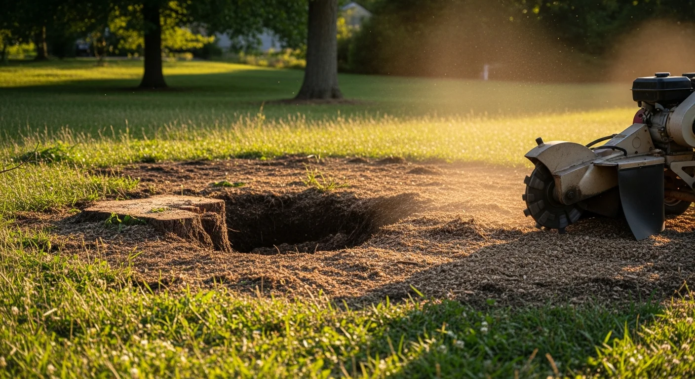 A freshly ground tree stump in a Bowling Green, KY residential backyard, with wood chips filling the cavity and surrounding lawn left undisturbed. The area is level and clear, showing the result of professional stump grinding by Shipley Tree Service.