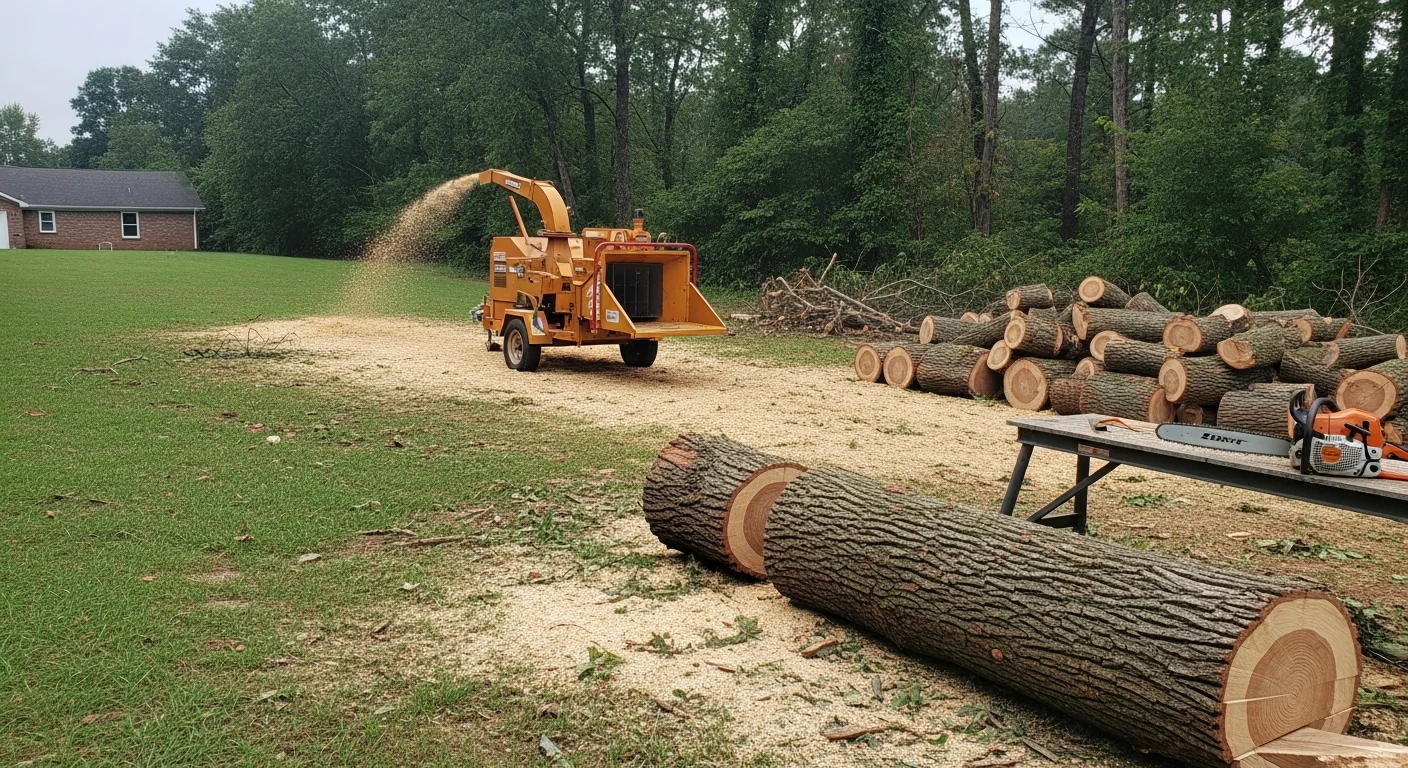 A large dead tree being removed in sections by a tree service crew in a residential backyard in Bowling Green, Kentucky. The surrounding lawn and fence line are intact, with cut wood sections stacked near the work area.